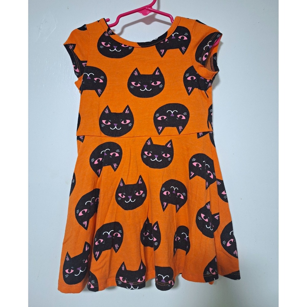 Cat & Jack Girls 3T Orange/Black Cat Print Sleeveless A-Line Knee Dress